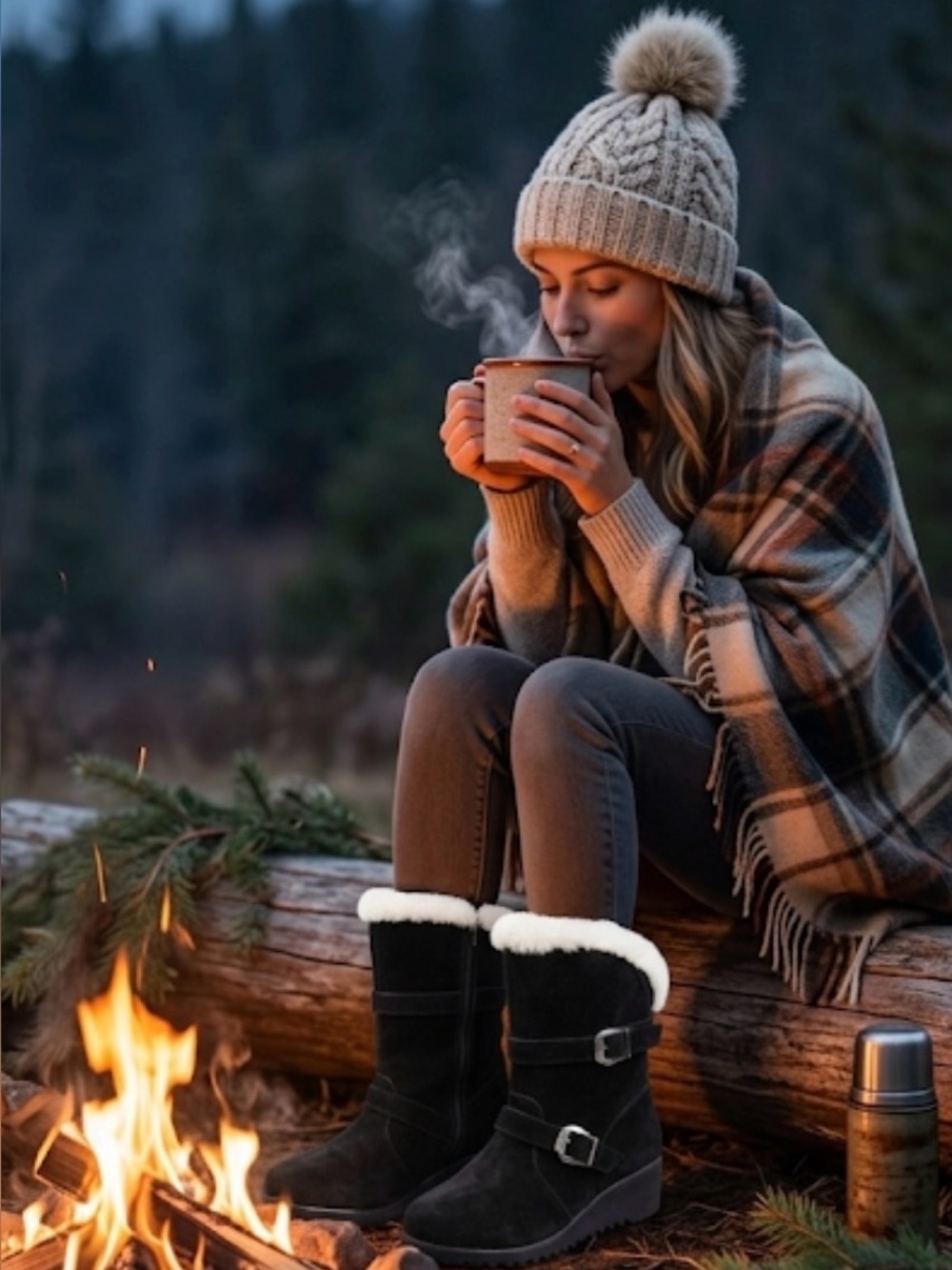 🍓Cozy Black Faux-Fur Boots